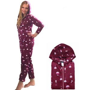 NWT Global Women's warm Fleece Hooded Jumpsuit Pajamas Union Suit,S,M,L,XL, Wine